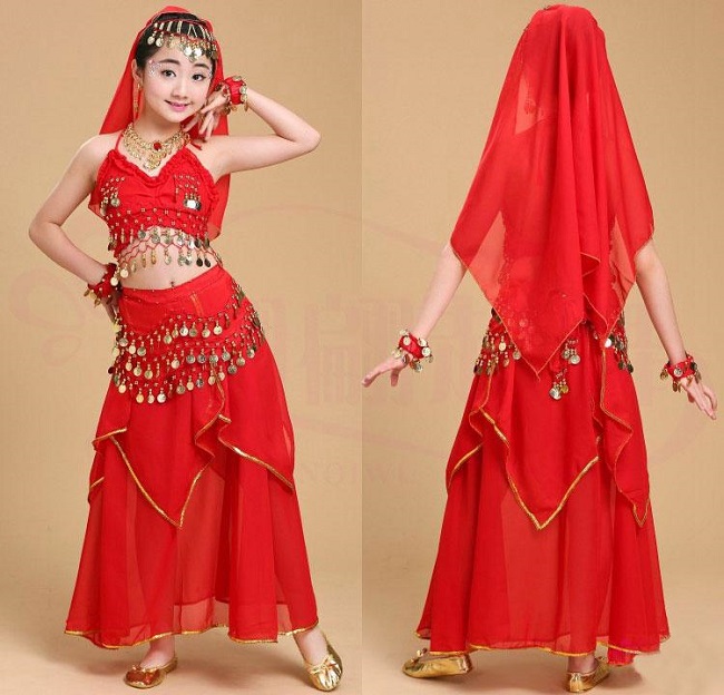 Trang phục váy Ấn độ múa trẻ em mẫu Váy kết hợp Áo cộc tay cực